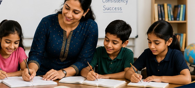 Manpreet Kaur teaching a small batch of students at Manpreet Tuition Academy, Nurpur Bet