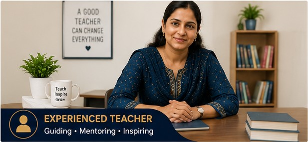 Manpreet Kaur, founder and teacher, at her desk at Manpreet Tuition Academy